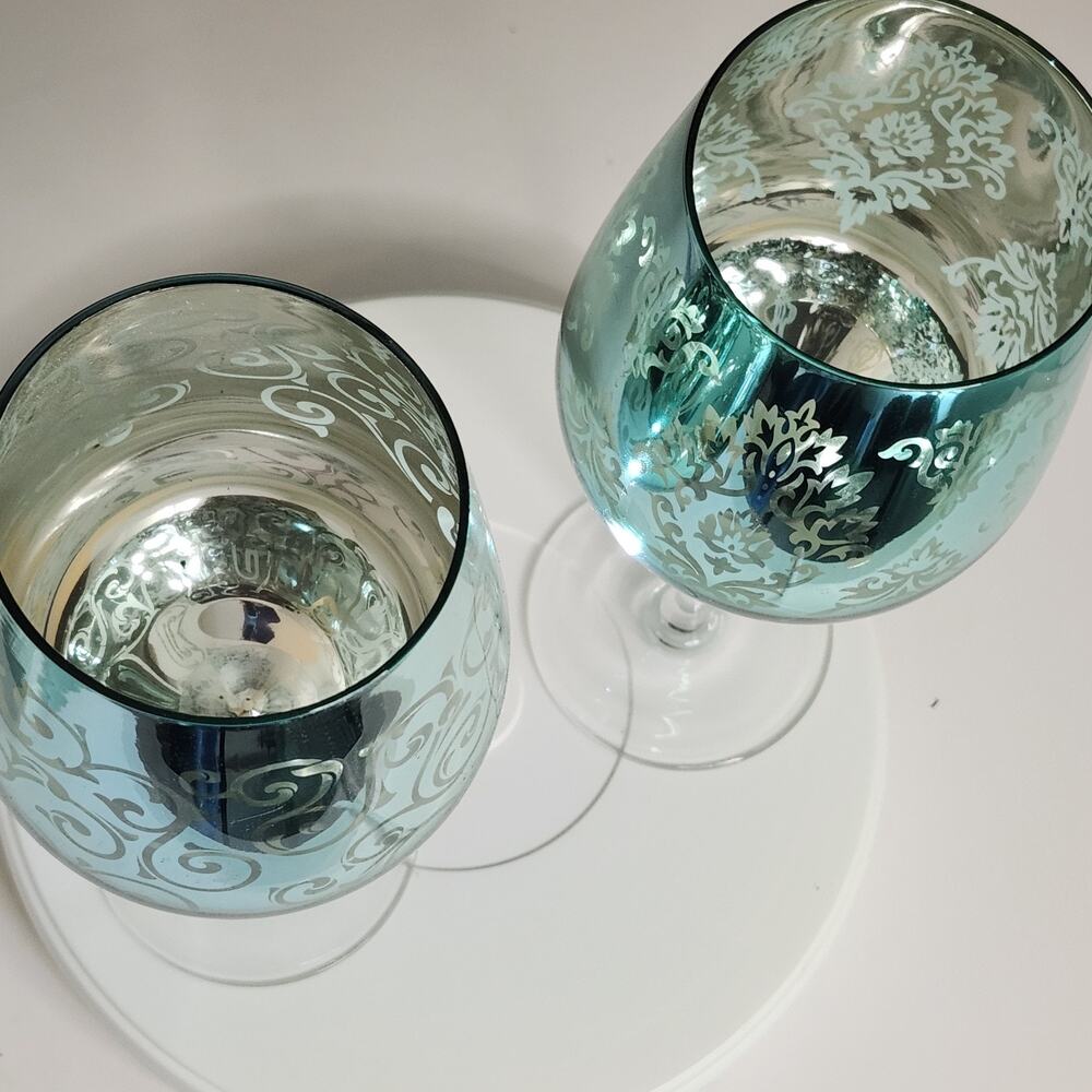 Artland Wine Glasses 2 Brocade Blue/Metallic Platinum Finish 10" Y2K - Picture 7 of 7